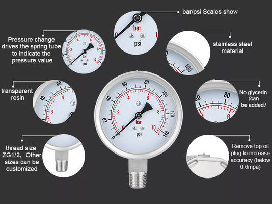 Thread Connection WZ 100mm 304SS Stainless Steel Pressure Gauge Cylindrical Head Code