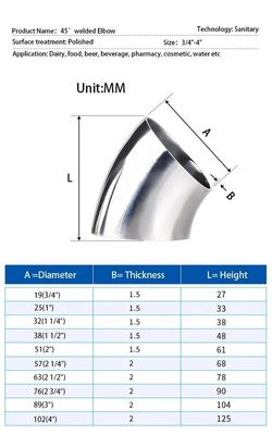 Sanitary Welding Connection Forged SS304 316L 45 Degree Elbow for Oil Water Gas Milk